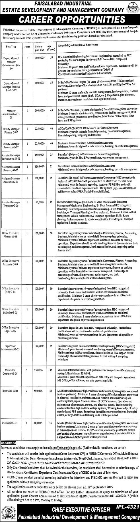 Jobs in Faisalabad Industrial Estate Development & Management Company